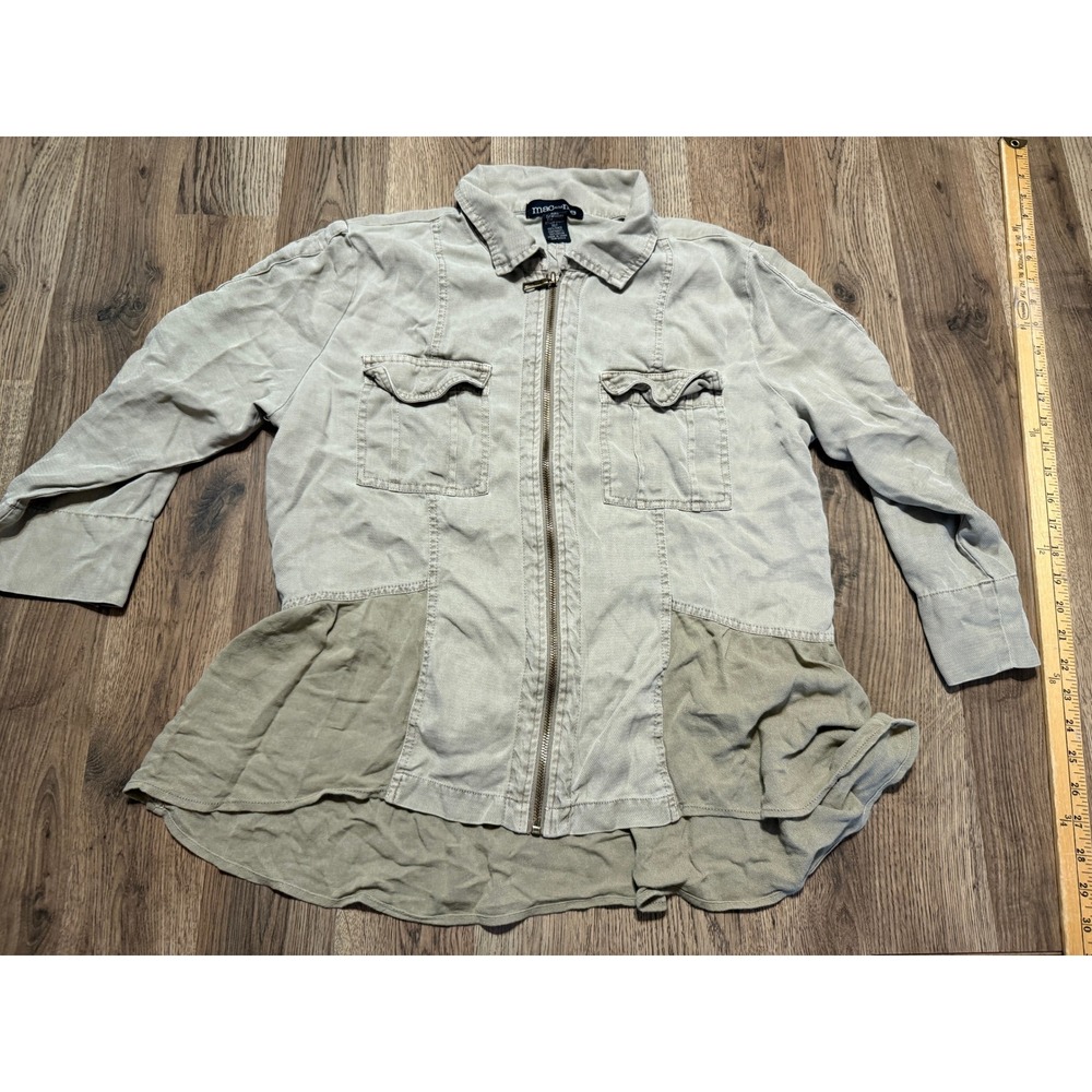 Mac and Me Khaki Tencel Zip Up Peplum Utility Jacket Tan Womens Size Large